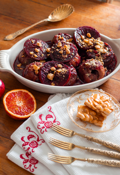 Baked Hibiscus Apples with Almond Pebbles